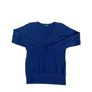 Lauren Ralph Lauren Sweater Womens M Navy V neck Cableknit Cotton blend Preppy